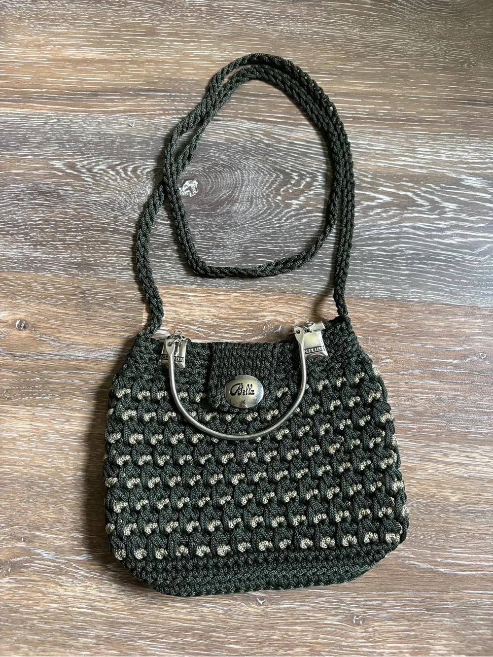 Dark Olive Crochet Shoulder Bag with Gold Hardware